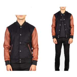 Black And Brown Sheep Leather Body & Sleeves Synthetic Wool Varsity Jacket - Image 2