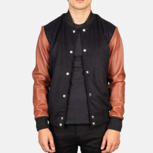 Black And Brown Sheep Leather Body & Sleeves Synthetic Wool Varsity Jacket - Image 1