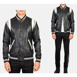 Varsity Rib Knit Paneled Trims Black & White Leather Jacket - Image 3