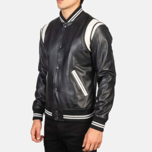 Varsity Rib Knit Paneled Trims Black & White Leather Jacket - Image 4