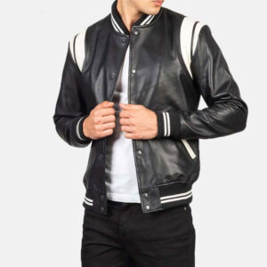 Varsity Rib Knit Paneled Trims Black & White Leather Jacket - Image 5