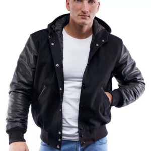 Black Hooded Varsity Wool And Leather Jacket - Image 1