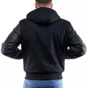 Black Hooded Varsity Wool And Leather Jacket - Image 2