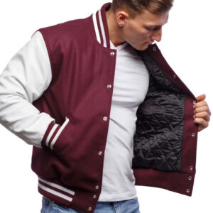 Maroon Wool Body & White Leather Bomber Varsity Jacket - Image 3