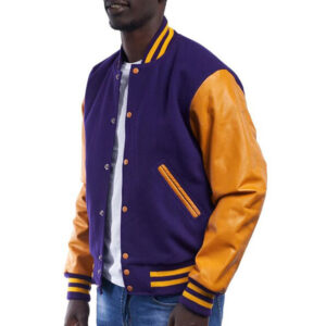 Varsity Bomber Purple Wool Body Sleeve Bright Gold Jacket - Image 2