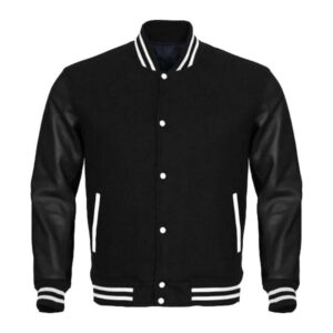 Baseball Black Varsity Bomber Jacket Sleeves Leather Body Synthetic Wool - Image 1