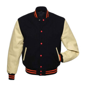 Leather Sleeves Wool Black Body Bomber Varsity Jacket - Image 1