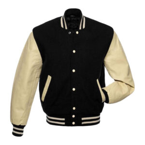 Black And Golden Varsity Body Wool Sleeve Leather Jacket - Image 1