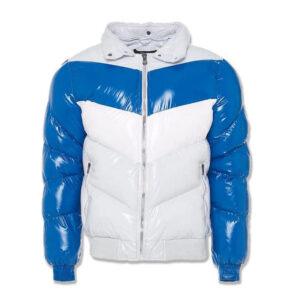 White And Blue High Shine PU Vinyl Bubble Puffer Aviator Bomber Jacket - Image 2