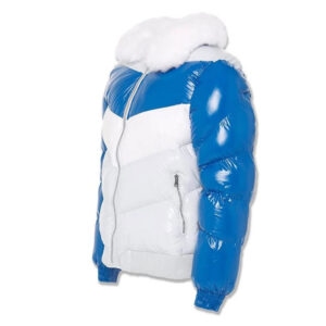 White And Blue High Shine PU Vinyl Bubble Puffer Aviator Bomber Jacket - Image 3