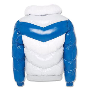 White And Blue High Shine PU Vinyl Bubble Puffer Aviator Bomber Jacket - Image 4