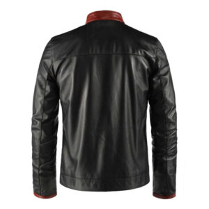 Ban Collar Black Leather Biker Style Fashion Jacket - Image 3