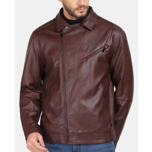 Sheepskin Brown Leather Motorcycle Rider Style Jacket - Image 1