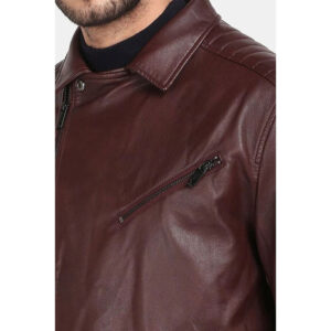 Sheepskin Brown Leather Motorcycle Rider Style Jacket - Image 4