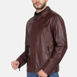 Sheepskin Brown Leather Motorcycle Rider Style Jacket - Image 5