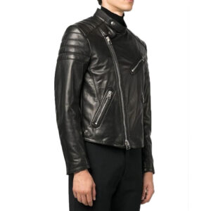 Band Collar Black Leather Multiple Zip-Fastening Pocket Jacket - Image 1