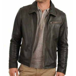 Slim Fit Black Leather Biker Style Jacket - Image 1