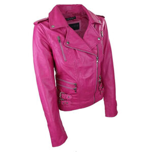 Biker Racer Shocking Pink Leather Jacket - Image 3