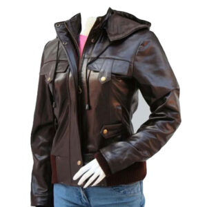 Brown Leather Bomber Slim Fit Hooded Jacket - Image 1