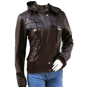 Brown Leather Bomber Slim Fit Hooded Jacket - Image 3