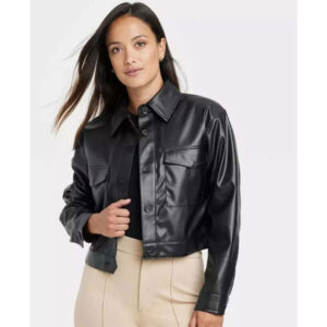 Cropped Faux Leather Bomber Jacket - Image 2