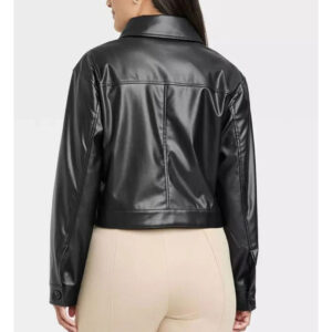 Cropped Faux Leather Bomber Jacket - Image 3