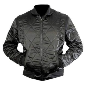 Black Satin White Scorpion Patch Bomber Jacket - Image 1