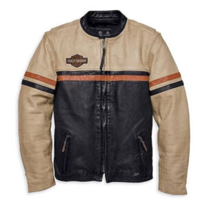 VOTARY Beige Motorcycle Racing Cow Leather Jacket - Image 1