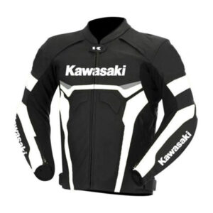 Kawasaki Black And White Motorbike Racing Leather Jacket - Image 1