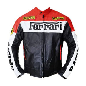 Ferrari Motorbike Black, Red And White Leather Jacket - Image 1