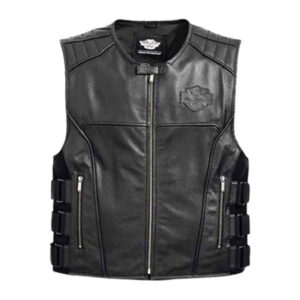 Black Harley Davidson Leather Motorcycle Vest - Image 1