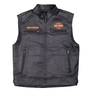 Black Cow Leather Harley Davidson Passing Link Rugged Vest - Image 1