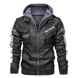 Handmade Harley Davidson Black Leather Hooded Jacket - Image 1