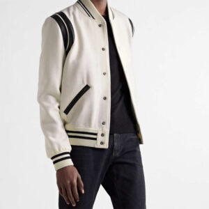 Handmade Trimmed Virgin Wool-Blend Bomber Stylish Varsity Leather Jacket - Image 3