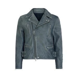 Grey Leather Motorcycle Biker Style Jacket - Image 1